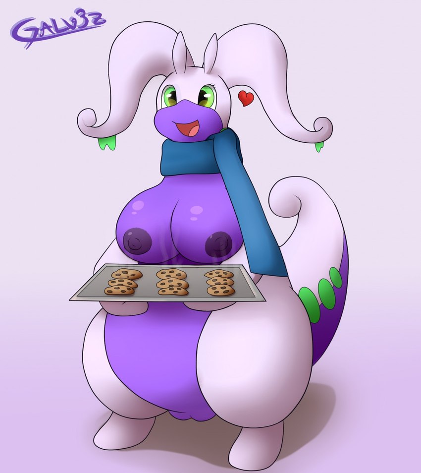 anthro areola big_breasts blue_scarf breasts cookie female female_anthro food genitals green_eyes heart_symbol looking_at_viewer nipples purple_areola purple_body purple_nipples pussy scarf simple_background smile smiling_at_viewer galv3z_(artist) nintendo pokemon generation_6_pokemon goodra pokemon_(species) 2019 hi_res