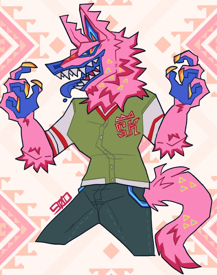 abstract_background anthro bottomwear clothing denim denim_bottomwear denim_clothing fur jacket jeans letterman_jacket male open_mouth pants pink_body pink_fur solo teeth tongue tongue_out topwear g0dp4rticl3 epic_games fortnite andy_fangerson alebrije canid canine canis mammal wolf hi_res portrait signature three-quarter_portrait