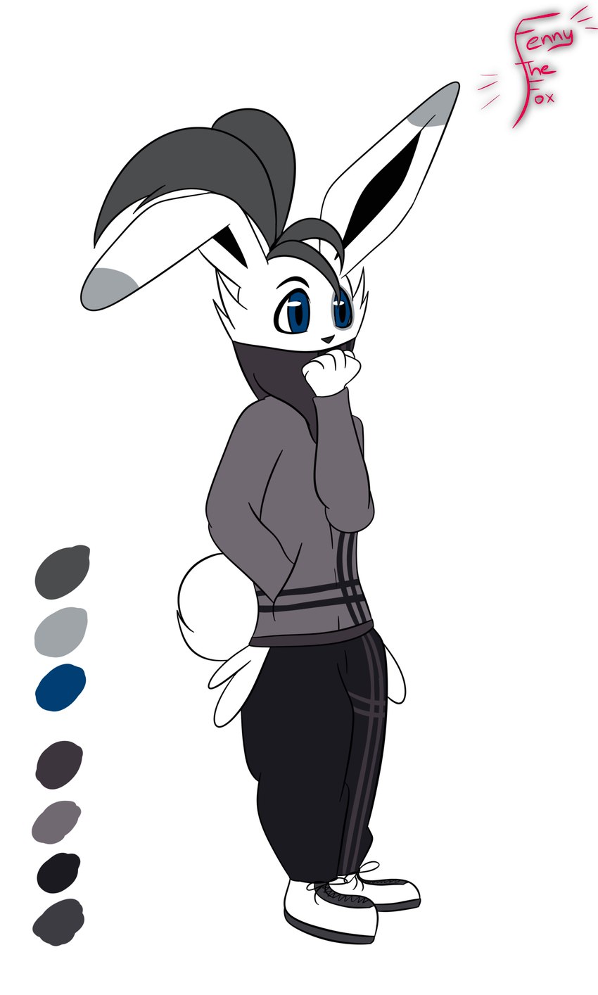 anthro big_ears blue_eyes bottomwear clothed clothing fur hair jacket long_ears male pants solo tail topwear white_body white_fur fennyfen_1 rin_(fennyfen_1) lagomorph leporid mammal rabbit absurd_res hi_res model_sheet