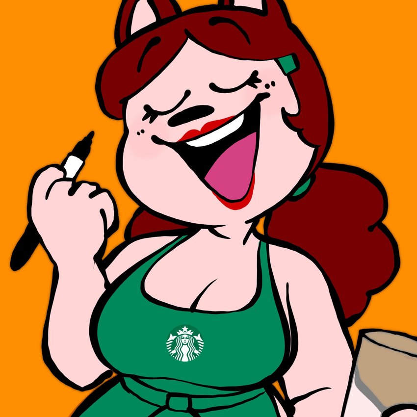 accessory anthro apron apron_only breasts clothing female glass hair hair_accessory logo long_hair marker open_mouth simple_background solo creator_ant starbucks mary_(creator_ant) domestic_cat felid feline felis mammal 1:1 hi_res meme