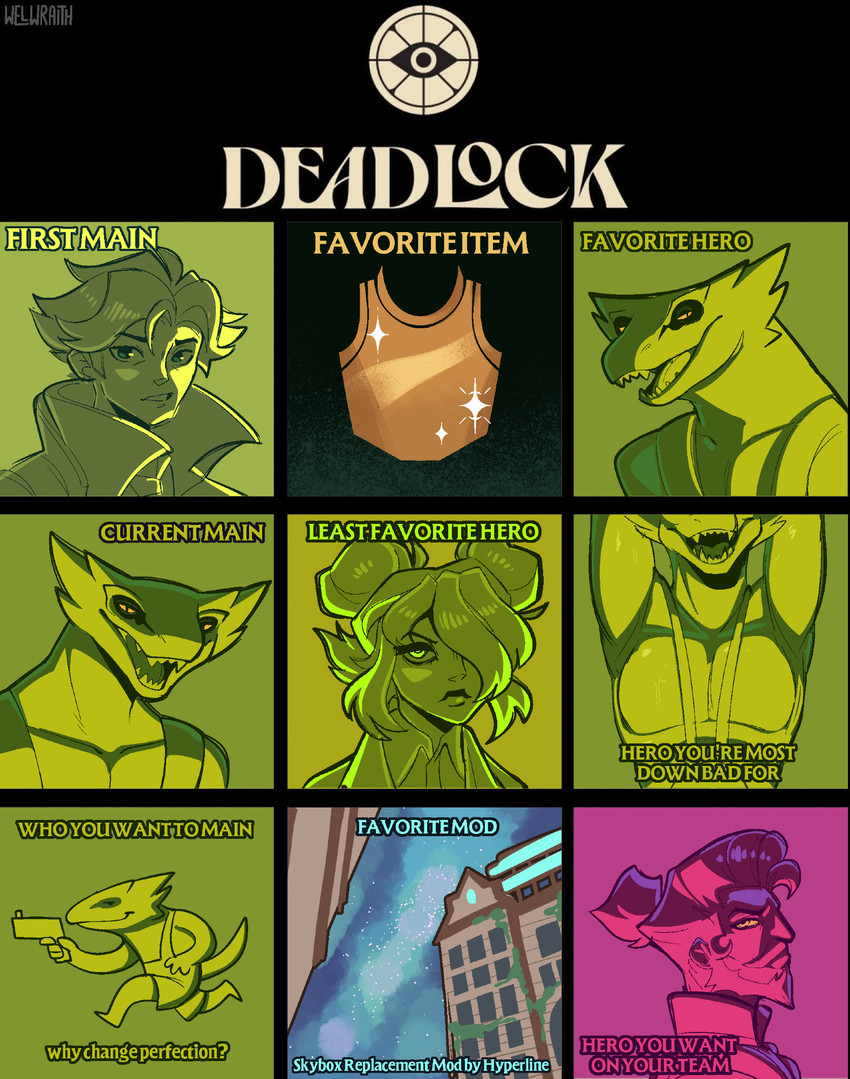 armor breastplate fangs green_eyes gun hair hair_over_eye holding_gun holding_object holding_ranged_weapon holding_weapon looking_at_viewer looking_sideways_at_viewer open_mouth ranged_weapon tail teeth weapon yellow_eyes conditional_dnp welwraith deadlock_(game) valve darcy_graves mirage_(deadlock) vyper_(deadlock) human mammal reptile scalie snake 2026 bust_portrait digital_drawing_(artwork) digital_media_(artwork) headshot_portrait hi_res portrait