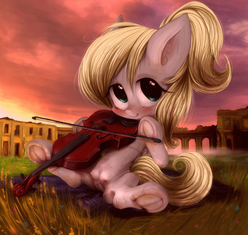 blush bowed_string_instrument detailed_background female feral genitals grass hooves looking_at_viewer musical_instrument outside plant public pussy smile solo spread_legs spreading string_instrument teats underhoof violin young young_female young_feral darkstylerz hasbro my_little_pony fan_character equid equine mammal 2020 hi_res