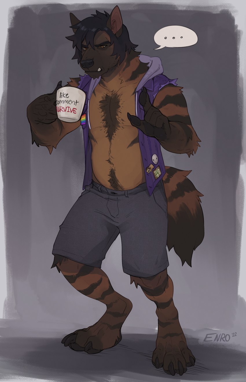 anthro barefoot belly body_hair bottomwear chest_hair clothed clothing container cup digitigrade eyebrows feet hoodie male mug open_clothing open_shirt open_topwear shirt shorts slightly_chubby solo stripes topwear enro_the_mutt marrow_(sebastiansb) brown_hyena hyena mammal 2022 absurd_res hi_res