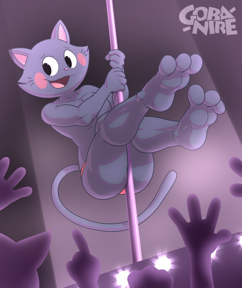 3_toes 4_fingers anthro barefoot bent_arm bent_legs butt clothed clothing dancing eyebrows feet fingers fur grey_arms grey_body grey_ears grey_face grey_feet grey_fingers grey_fur grey_hands grey_legs grey_neck grey_tail grey_toes hindpaw holding_pole inside legs_up lights logo looking_at_viewer male open_mouth paws pink_inner_ear plantigrade pole raised_arm soles strip_club stripper stripper_pole tail text thin_eyebrows toes tongue underwear underwear_only whiskers gobanire kaiketsu_zorori prince_arthur_(kaiketsu_zorori) felid mammal pantherine 2022 artist_logo artist_name digital_media_(artwork) hi_res shaded signature watermark