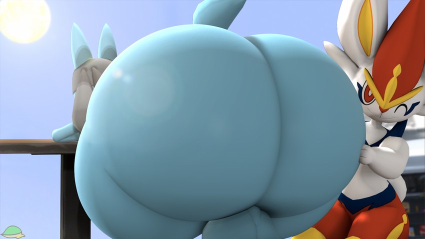 anthro balls big_balls big_butt blue_body bubble_butt butt butt_focus duo genitals hand_on_butt huge_butt male one_eye_closed red_body white_body wink cindablimp nintendo pokemon cinderace generation_4_pokemon generation_8_pokemon lucario pokemon_(species) 2023 3d_(artwork) digital_media_(artwork) hi_res source_filmmaker_(artwork)