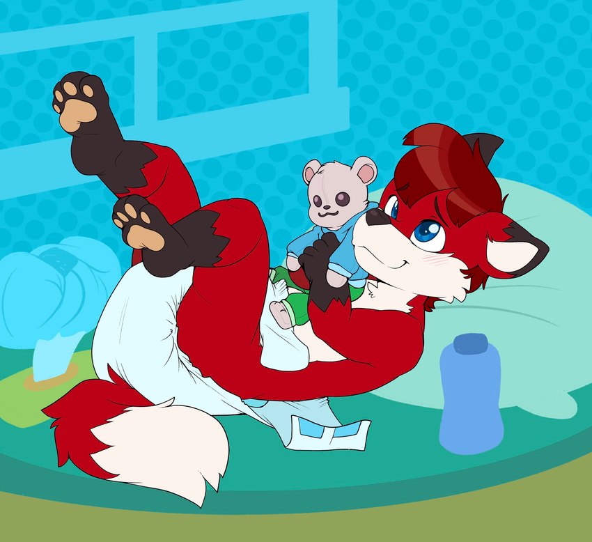 ambiguous_gender anthro baby_powder changing_table clothing diaper diaper_change discarded_diaper feet_up lying on_back open_diaper pawpads paws plushie smile solo teddy_bear young young_anthro bubblepuppers canid canine fox mammal hi_res