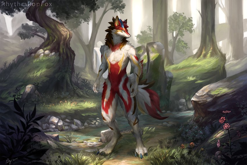 amazing_background anthro day detailed_background featureless_crotch flower forest fur grass light male nude outside plant red_body red_fur solo tail tree water white_body white_fur yellow_body yellow_fur rhythmpopfox mythology dragon furred_dragon furred_scalie mythological_creature mythological_scalie scalie 2021 detailed full-length_portrait hi_res lighting portrait shaded signature