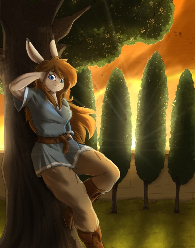 anthro bottomwear clothing female looking_at_viewer pants plant scenery solo sunset tree otakuap aleanora armorbun lagomorph leporid mammal rabbit 2019 hi_res