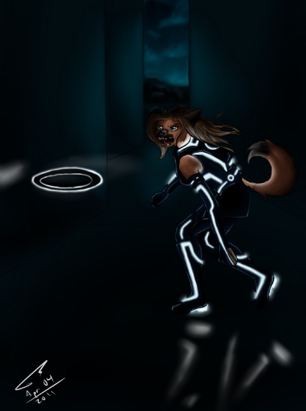 angry anthro brown_body brown_fur clothing dark escape female flee frisbee fur glowing identity_disc light reflection running solo suit tail throwing kyuushi tron tron:_legacy canid canine canis domestic_dog mammal wolf 2011 hi_res