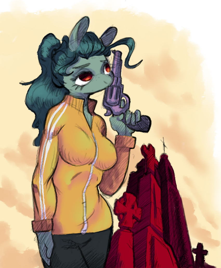 anthro bottomwear breasts cemetery clothing female gun hair handgun pants ponytail ranged_weapon revolver solo sweatshirt weapon panthera_cantus hasbro my_little_pony fan_character equid equine horse mammal pony hi_res