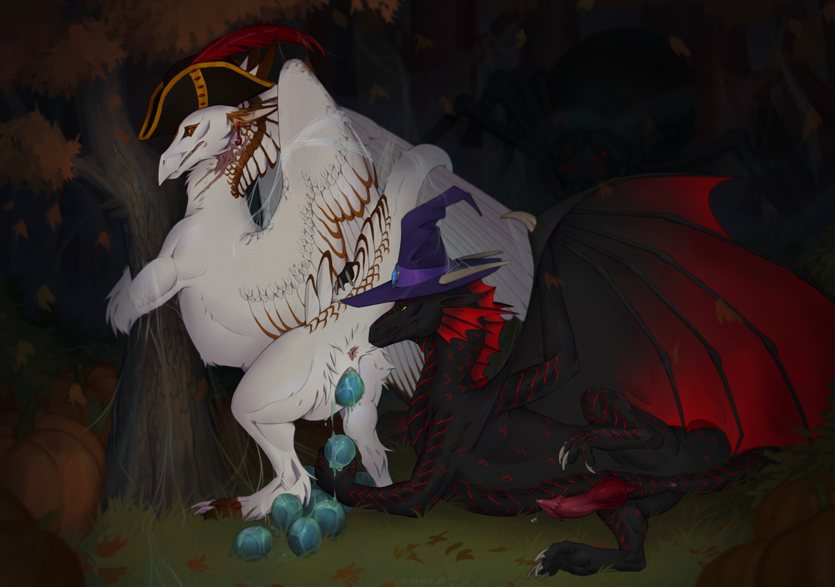 4_fingers 4_toes animal_genitalia animal_penis anus autumn_leaves back_wings belly big_belly black_body black_scales bodily_fluids clothing detailed_background duo egg egg_from_vagina erection feathered_wings feathers feet female feral fingers food fruit genital_fluids genitals grass hat headgear headwear holding_egg holding_object holding_tree holidays leaf lying male male/female markings membrane_(anatomy) membranous_wings oviposition penis pirate_hat plant pregnant pregnant_female pregnant_feral pumpkin red_markings scales spider_web toes tree vaginal_fluids ventral_scales vulva white_body white_feathers wings witch_hat yellow_eyes skoren halloween mythology crimson_(ironnidheg) dragon feathered_dragon feathered_scalie mythological_creature mythological_scalie scalie 2025 digital_drawing_(artwork) digital_media_(artwork) hi_res