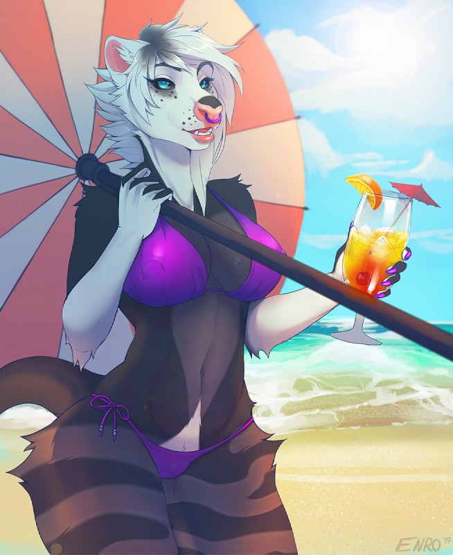 anthro beach beverage bikini black_body black_fur black_sclera blue_eyes breasts cleavage clothed clothing facial_piercing female fur hair medium_breasts nipple_outline nose_piercing open_mouth outside piercing purple_clothing sea seaside septum_piercing slim solo standing swimwear two-piece_swimsuit umbrella water white_body white_fur white_hair wide_hips enro_the_mutt american_opossum mammal marsupial virginia_opossum 2019 hi_res