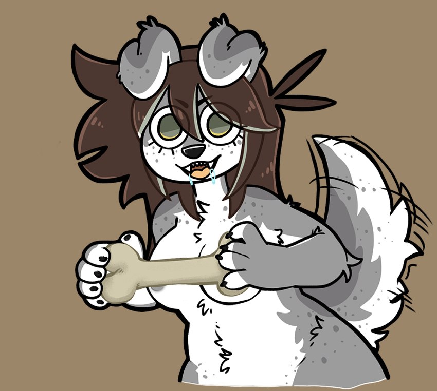 anthro areola bodily_fluids bone breasts brown_hair chest_tuft countershading drooling female fur grey_body grey_fur hair holding_bone holding_object large_pupils nude saliva solo tail tail_motion tailwag tuft tiredfizz bups canid canine canis domestic_dog mammal