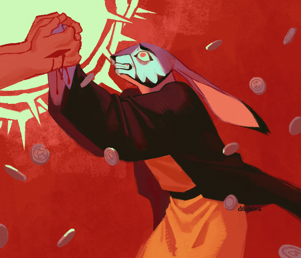 anthro blood blue_body blue_fur bodily_fluids clothing coin duo feels fur hand_holding male money red_eyes religion robe sad silver_coin silver_coins wound_on_hand wounded yellow_sclera dilukha judas_iscariot_(film) jesus_christ judas_iscariot lagomorph leporid mammal rabbit