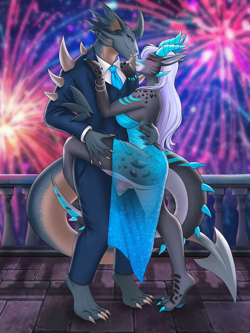 5_fingers anthro anthro_on_anthro big_tail blue_eyes blue_horn blue_nails blush bodily_fluids clothed clothing colored_nails dress duo female fingers fireworks genital_fluids genitals grey_body grey_skin hair holding_legs_up holidays horn knot knotted_penis larger_male male male/female male_penetrating nails penetration penis public public_sex raised_leg scales sex size_difference smaller_female spiked_tail spikes spikes_(anatomy) stealth_sex suit tail tiptoes translucent translucent_clothing translucent_dress vaginal_fluids white_hair chia_mio mythology new_year cyrex_(gdragv) sophia_(gdragv) dragon mythological_creature mythological_scalie scalie alternate_version_at_source colorful_theme digital_media_(artwork) hi_res