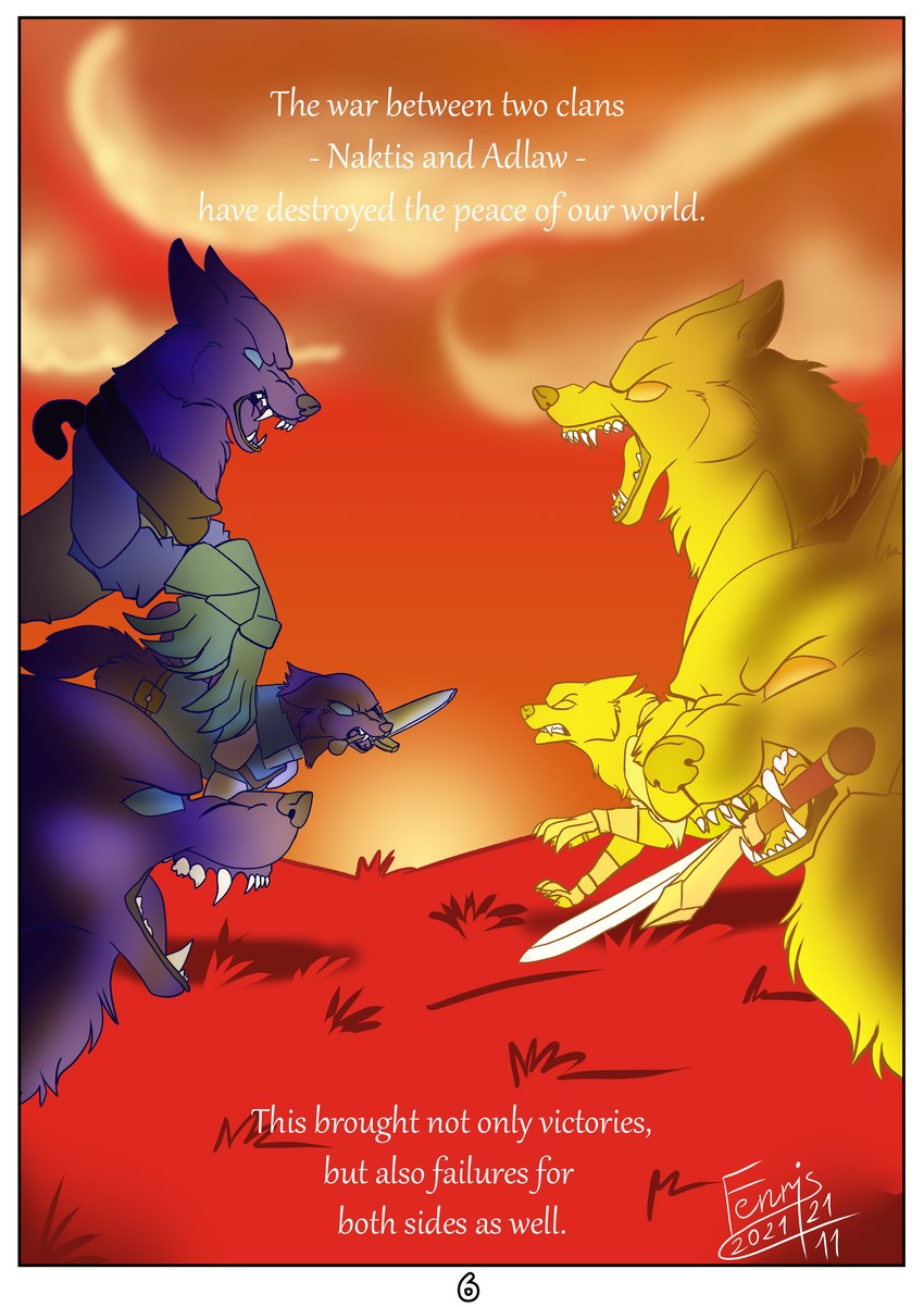 ambiguous_gender belt blue_body claws clothing cloud feral fur group growling melee_weapon red_background scarf simple_background snarling sunset sword text war weapon yellow_body fenris64 kertanan_fate_of_clans canid canine canis mammal wolf absurd_res english_text hi_res