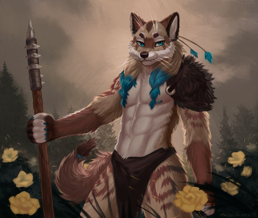 anthro athletic athletic_anthro bottomwear brown_body brown_fur claws clothed clothing fangs flower fluffy fluffy_tail fur loincloth loincloth_only male melee_weapon nature nipples outside plant polearm sky smile solo spear tail teeth topless tree weapon whiskers wind solarflare02 elvor_(murnakia) canid canine canis mammal wolf digital_drawing_(artwork) digital_media_(artwork) hi_res portrait signature three-quarter_portrait