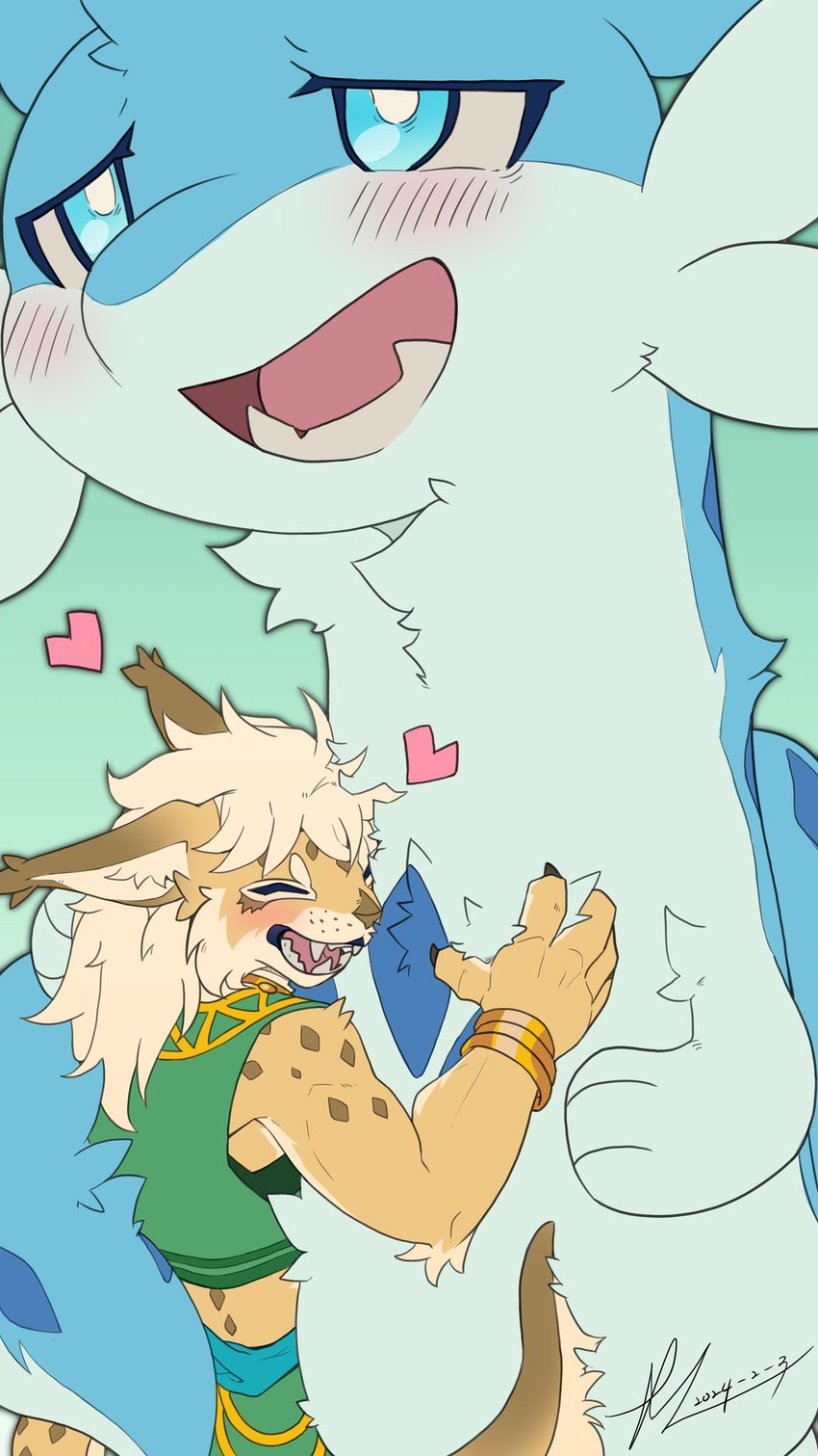 ahegao ambiguous_gender anthro blue_body blue_eyes blue_fur blue_markings blush cheek_tuft claws clothed clothing eyes_closed facial_tuft fangs feral fluffy fur green_clothing green_shirt green_topwear hair heart_symbol hug long_body long_hair looking_pleasured male markings narrowed_eyes open_mouth petting shirt simple_background size_difference smile standing tail tail_hug tan_body tan_fur teeth tongue topwear tuft furyraptor23 palworld pocketpair saren_(nekomatasaren) chillet mammal mustelid pal_(species) 2024 9:16 digital_media_(artwork) hi_res signature