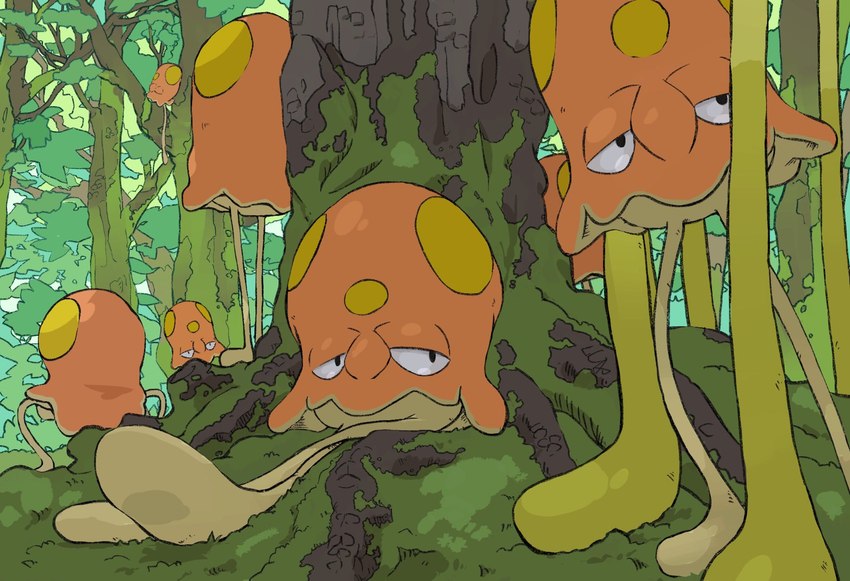 ambiguous_gender branch couching detailed_background grass group half-closed_eyes in_tree looking_at_another narrowed_eyes on_branch orange_body plant pupils roots sitting standing tree white_sclera yellow_dots yuuji7604 nintendo pokemon generation_9_pokemon pokemon_(species) toedscool flap_(disambiguation) 2024 digital_media_(artwork) hi_res