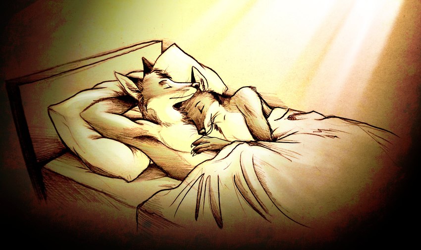 andromorph anthro bed cuddling dipstick_arms dipstick_ears duo ear_markings eyes_closed furniture hand_behind_head hand_on_chest head_on_chest intersex intersex/male light light_beam male male/male multicolored_ears nude pillow romantic romantic_couple simple_background sleeping sunbeam sunlight tasteful_nudity under_covers whiskers culpeofox doppelfoxx jakkals_van_der_bergh_(doppelfoxx) yaxley_warrick_(doppelfoxx) arctic_fox canid canine cross_fox fox mammal red_fox true_fox hi_res nonbinary_(lore)