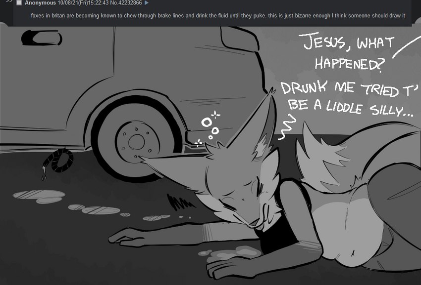 anthro bodily_fluids bottomwear brake_fluid car clothed clothing crop_top dialogue dizzy drunk eyes_closed female fur midriff on_ground pants poisoned puddle shirt slightly_chubby slightly_chubby_anthro slightly_chubby_female solo substance_intoxication text tongue tongue_out topwear tube vehicle vomit zzx trisha_fox_(zzx) canid canine fox mammal 2021 english_text monochrome