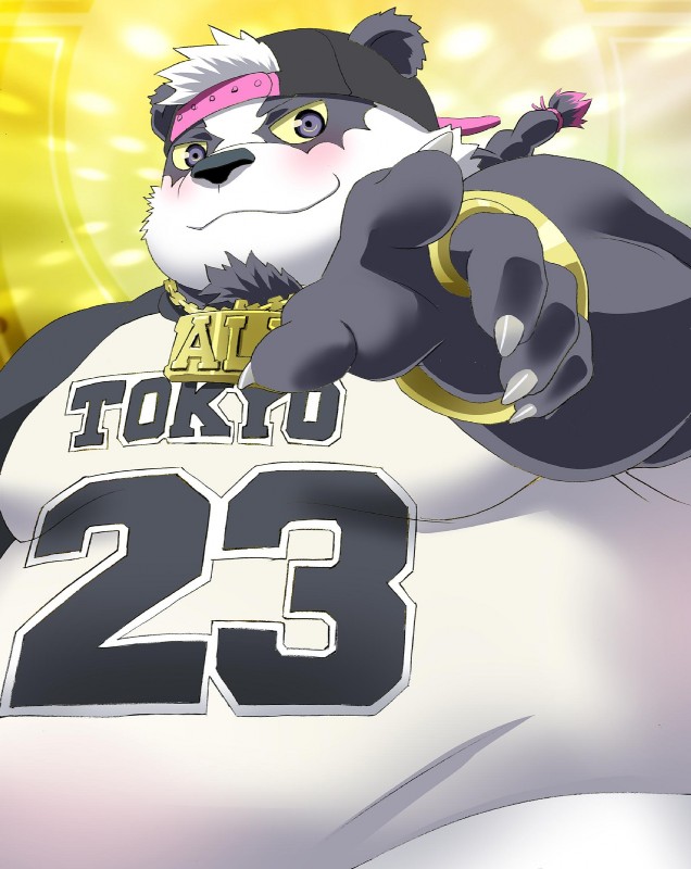 anthro belly blush clothing hat headgear headwear humanoid_hands male overweight overweight_anthro overweight_male shirt solo text topwear alios q14658091 lifewonders tokyo_afterschool_summoners alp_(tas) bear giant_panda mammal 2019 english_text hi_res