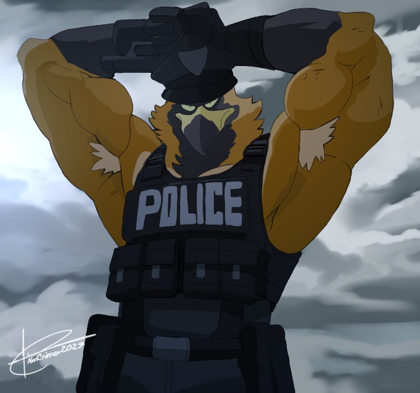 anthro armpit_hair biceps body_hair clothed clothing cloud deltoids gloves hand_on_head handwear hat headgear headwear looking_at_viewer male muscular muscular_anthro muscular_male nipples orange_body peak pecs police police_hat police_uniform raised_arms solo triceps uniform crimenes accipitrid accipitriform avian bird eagle 2024 hi_res signature