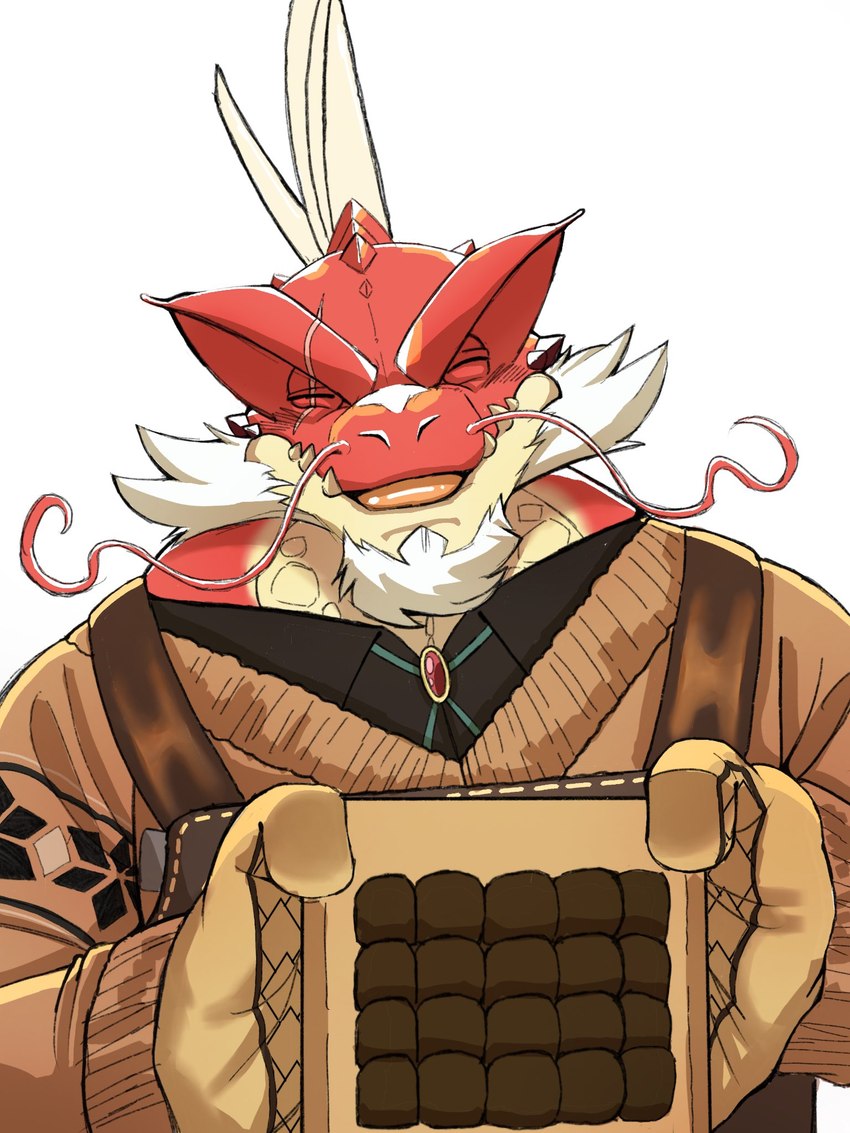 anthro beard biped candy car chocolate clothing dessert eyes_closed facial_hair food gloves handwear kemono red_body simple_background solo sweater topwear tribal tribal_clothing vehicle white_background lhjal2 lifewonders tokyo_afterschool_summoners itzamna_(tas) iguana iguanid lizard reptile scalie 2022 3:4 hi_res