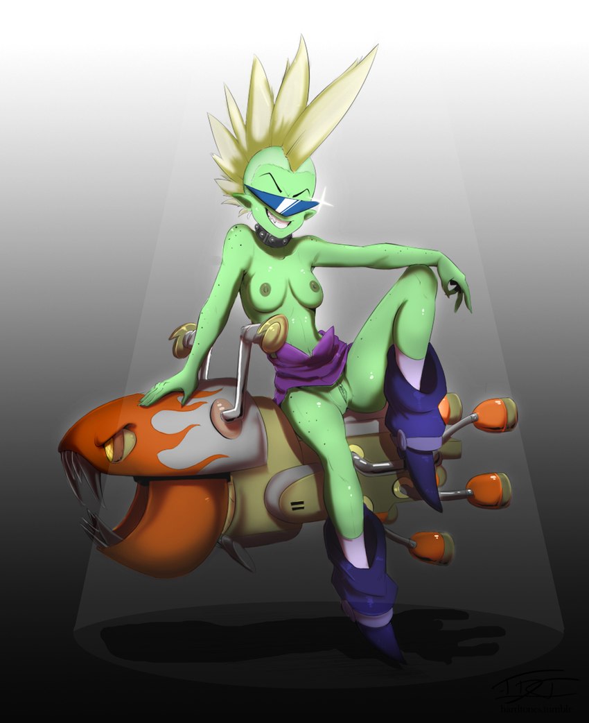 bottomwear breasts clothed clothing eyebrows eyewear fan_mohawk female fingers footwear green_body green_skin grin hair humanoid_pointy_ears mohawk nipples not_furry pointy_ears shoes sitting smile solo sunglasses teeth topless hardtones third-party_edit uncensoddrich2 disney wander_over_yonder lord_dominator alien alien_humanoid humanoid color_edit colored hi_res signature