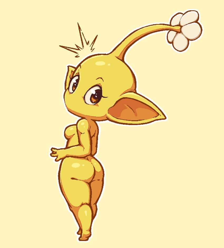 big_ears breasts brown_eyes butt colored-in eyelashes female flower glistening glistening_body glistening_skin looking_at_viewer mouthless not_furry nude orange_inner_ear plant side_boob side_view simple_background solo surprise surprised_expression thick_thighs yellow_and_brown yellow_background yellow_body yellow_ears yellow_monochrome yellow_skin shy_ayu nintendo pikmin pikmin_(series) elemental_creature flora_fauna humanoid pikmin_(species) yellow_pikmin hi_res shaded warm_colors