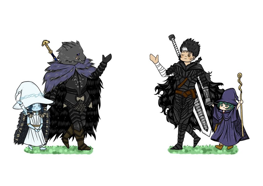 anthro armor berserker_armor_(berserk) chibi clothing doll doll_joints dragon_slayer_(berserk) female group hand_holding hat headgear headwear jowan magic_user male melee_weapon smile staff sword weapon witch witch_hat berserk_(series) elden_ring fromsoftware blaidd_(elden_ring) guts_(berserk) ranni_the_witch schierke_(berserk) animate_inanimate canid canine canis human humanoid living_doll mammal wolf crossover hi_res