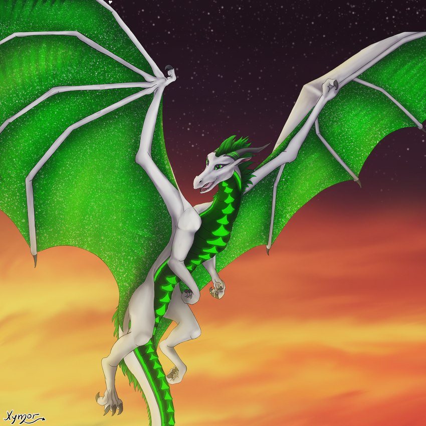 4_paws belly claws eyeliner female feral flying glowing glowing_markings green_belly green_eyes green_mane green_wings grey_claws horn makeup mane markings membrane_(anatomy) membranous_wings scales smile solo star sunset tail teeth tongue white_body white_scales white_skin wing_claws wings xymor european_mythology mythology sona_(character) dragon mythological_creature mythological_scalie scalie western_dragon 1:1 absurd_res hi_res