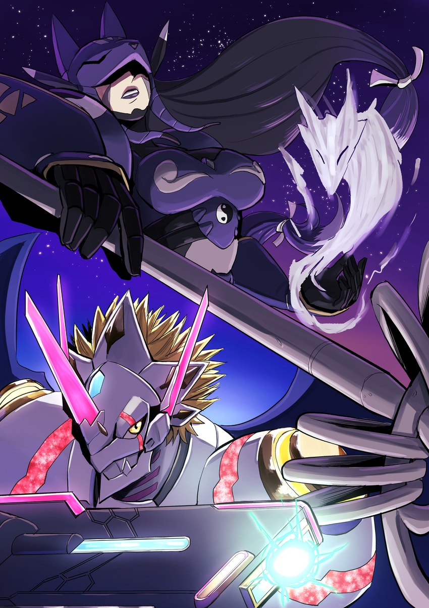 armor black_hair blonde_hair duo female gun gun_arm hair horn lipstick makeup male ranged_weapon weapon white_body yellow_eyes hase_popopo bandai_namco digimon digimon_ghost_game digimon_(species) humanoid kuzuhamon siriusmon absurd_res hi_res