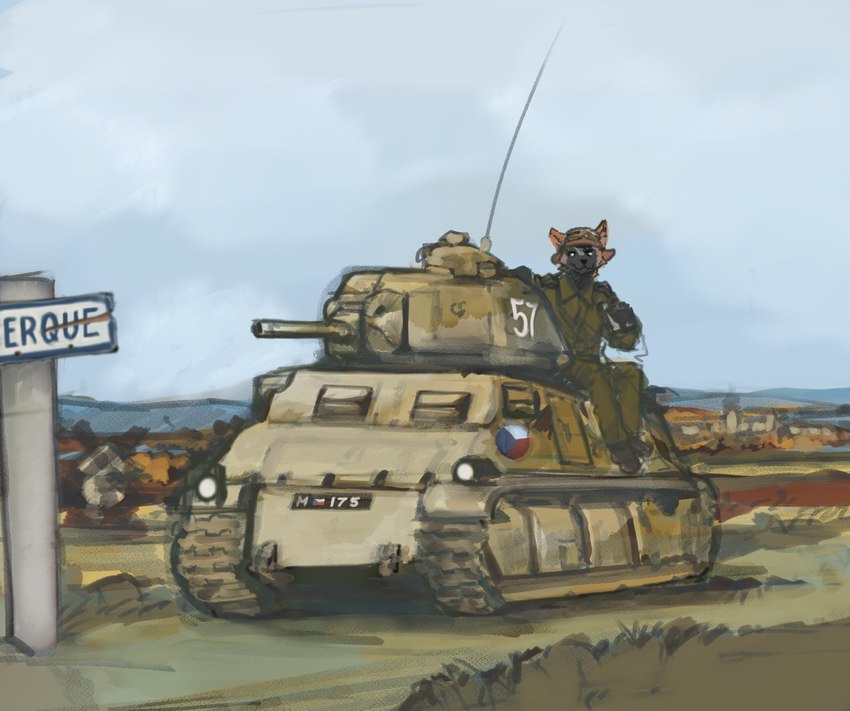 antenna_wire anthro armor army binoculars city country countryside czechoslovak_roundel czechoslovak_uniform czechoslovakian dunkirk france grass headgear helmet landscape landscape_background machine male number number_plate plant riding roundel sign signpost solo somua tank_(vehicle) tank_helmet tankard text turret vehicle village banoncat somua_s-35 eddy_fox_crossfox canid canine cross_fox fox mammal red_fox true_fox hi_res