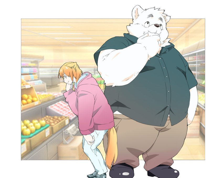 anthro belly big_belly bottomwear clothing duo humanoid_hands inside kemono male overweight overweight_male pants shirt sweater topwear inunoshippo canid canine canis domestic_dog mammal 2022 5:4 hi_res