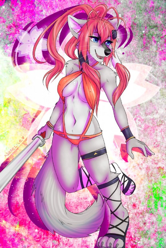 abstract_background anthro bikini black_nose blue_eyes breasts cleavage clothed clothing cosplay female flower fur grey_body grey_fur hair melee_weapon nipples orange_hair plant samurai simple_background skimpy smile solo swimwear sword two-piece_swimsuit warrior weapon white_body white_fur wristband nayel-ie canid canine canis fox mammal wolf hi_res