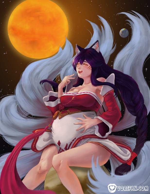 belly big_belly breasts female female_pred hand_on_belly macro sitting_on_planet solo terra_macro vore yellow_eyes vore-fan-comics league_of_legends riot_games tencent ahri_(lol) animal_humanoid canid canid_humanoid canine canine_humanoid fox fox_humanoid humanoid mammal mammal_humanoid hi_res