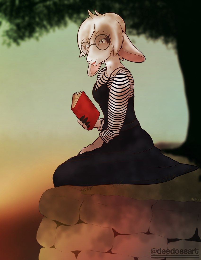 anthro book clothing cobblestone dress eyewear female glasses hand_on_leg hand_on_thigh looking_at_viewer reading reading_book simple_background sitting sitting_on_ground sitting_on_wall smile soft_lighting solo stripes sunset deedoss bovid caprine mammal sheep absurd_res hi_res shaded simple_shading