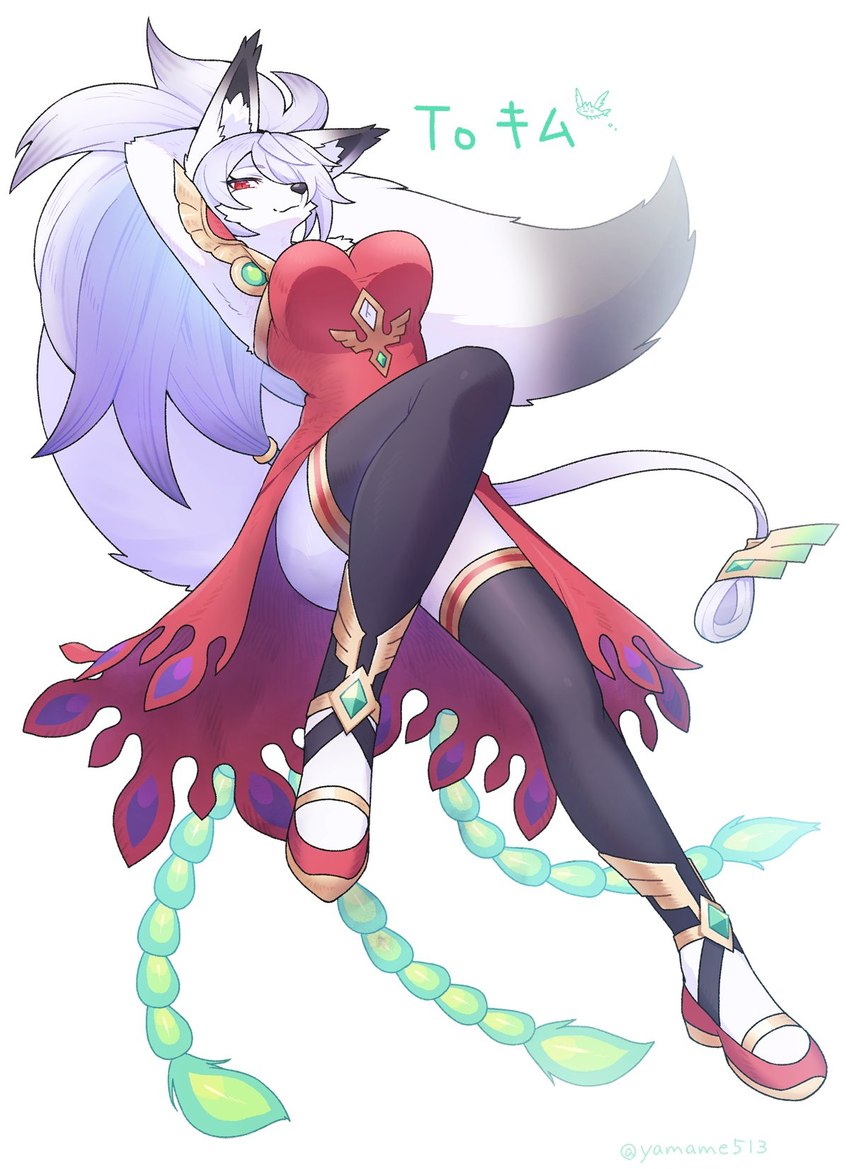 anthro big_breasts breasts cleavage_cutout clothing cutout ear_tuft female female_anthro footwear fur hair kemono long_hair looking_at_viewer narrowed_eyes raised_arm red_clothing red_eyes simple_background smile snout solo tuft under_boob white_background white_body white_fur white_hair yamame513 kitsune-chan_(kim_3022) canid canine fox mammal 2021 hi_res