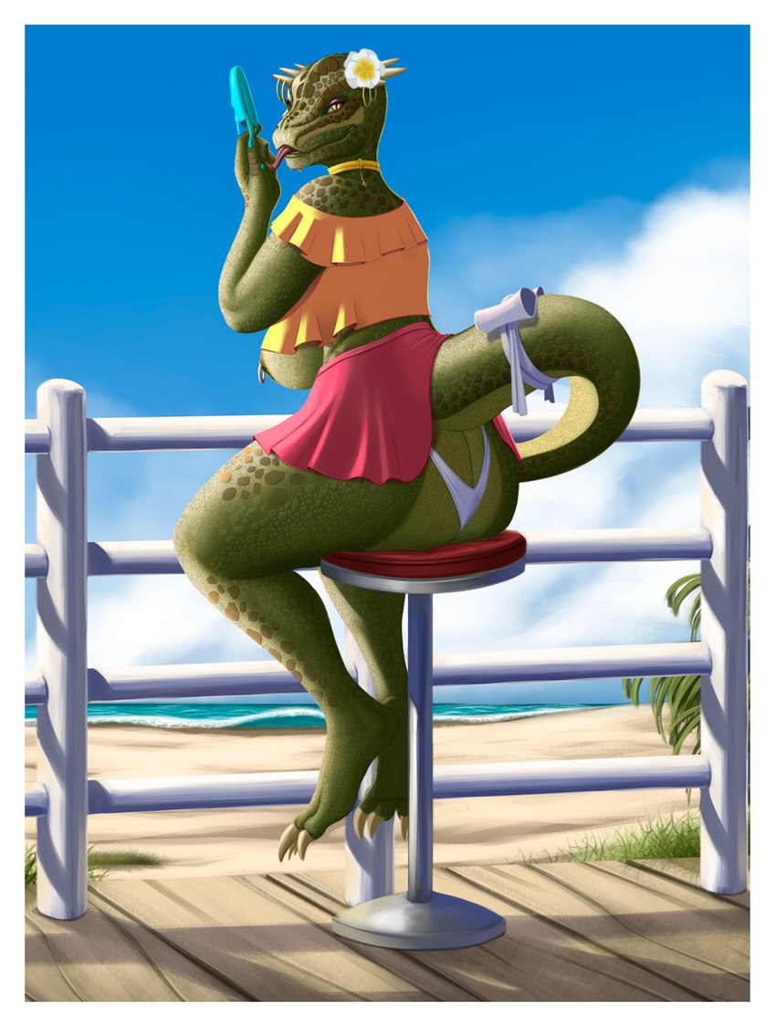 3_toes anthro areola beach big_breasts big_butt border bottomwear breasts butt clothed clothing feet female food furgonomics furry-specific_piercing green_areola green_body green_nipples green_scales holding_food holding_object holding_popsicle horn horn_piercing inconvenient_tail looking_at_viewer nipple_piercing nipple_ring nipples no_bra outside panties piercing popsicle ring_piercing scales seaside skirt solo tail toes tongue undersized_clothing underwear water white_border yellow_eyes saddnesspony bethesda_game_studios microsoft skyrim the_elder_scrolls deeja argonian scalie 2022 3:4 hi_res