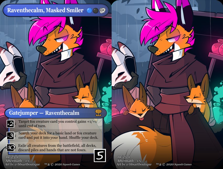 animal_mask anthro card_template clothing detailed_background eyebrows feral fox_mask fur hair half-closed_eyes magic_user mask multiple_angles narrowed_eyes number open_mouth orange_body orange_fur pink_eyes pink_hair potion raining raised_eyebrows robe sitting tail_under_clothing teeth text tongue trading_card trading_card_template white_body white_fur bbsartboutique canid canine fox mammal 2020 dated digital_media_(artwork) english_text hi_res watermark