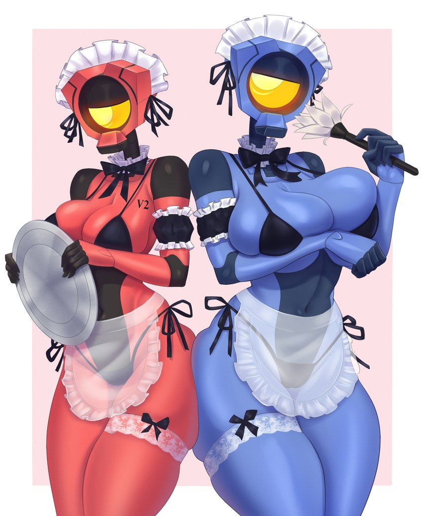 1_eye ass_to_ass big_breasts big_butt blue_body bra breast_squish breasts butt cleaning_tool clothing duo feather_duster female legband machine maid_uniform not_furry panties red_body squish text text_on_body thighband translucent translucent_clothing underwear uniform yellow_eyes idler_r new_blood_interactive ultrakill v1_(ultrakill) v2_(ultrakill) robot absurd_res hi_res