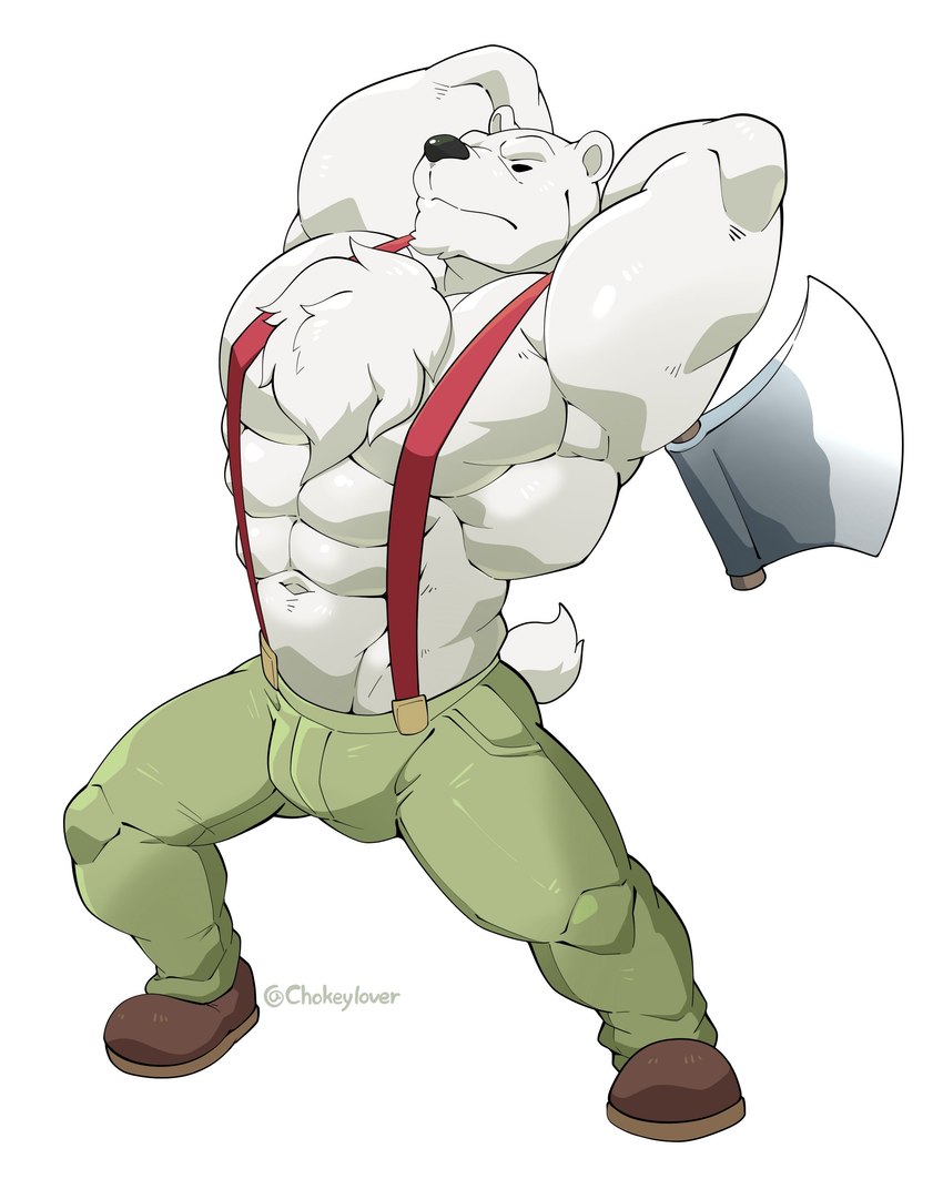 abs anthro axe biceps big_muscles bottomwear bulge clothed clothing felling_axe footwear fur lumberjack male melee_weapon muscular muscular_anthro muscular_male pants pecs plant shoes simple_background solo standing suspenders tree weapon maldu nintendo rhythm_heaven woodcutter_bear bear mammal polar_bear ursine 4:5 absurd_res hi_res