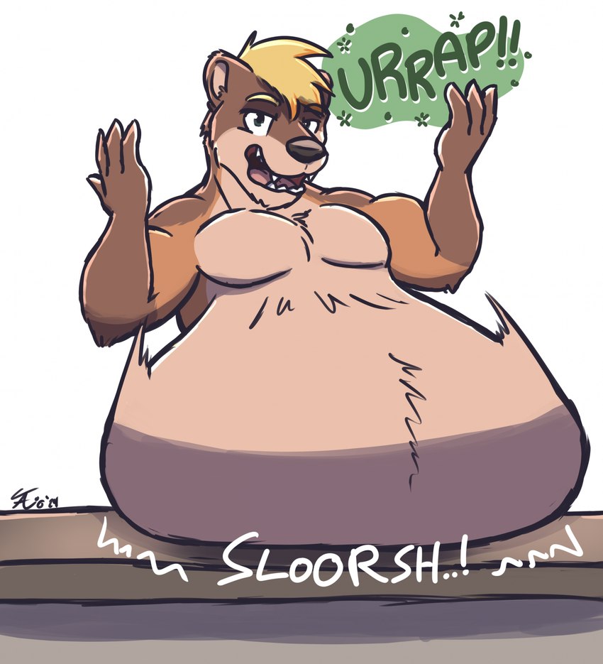 anthro belly belly_drop belly_fur big_belly burping furniture hair male rumbling_stomach solo table text tanio blake_(sexybuizel) mammal mustelid otter 2024 english_text hi_res signature