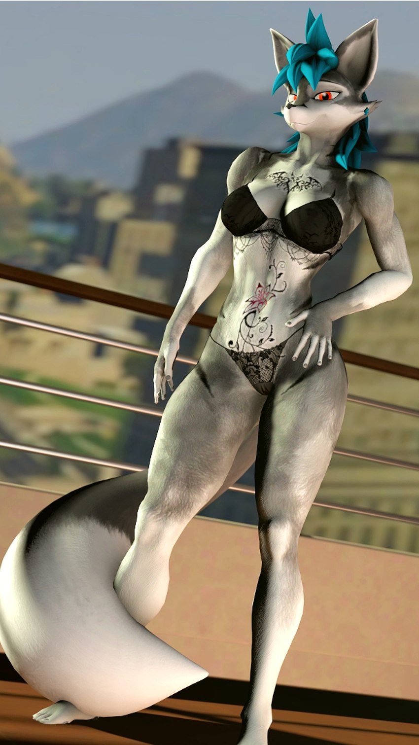 anthro balcony belly_tattoo blue_hair bra breasts chest_tattoo clothed clothing detailed_background female fingers fluffy fluffy_tail fur genitals grey_body grey_fur hair hand_on_hip hand_on_own_hip lingerie long_tail looking_at_viewer multicolored_body multicolored_fur panties pussy red_eyes smile solo tail tattoo translucent translucent_clothing translucent_panties translucent_underwear two_tone_body two_tone_fur underwear underwear_only viper-desires alys_(viper-desires) canid canine fox mammal 2023 3d_(artwork) 9:16 digital_media_(artwork) hi_res source_filmmaker_(artwork)