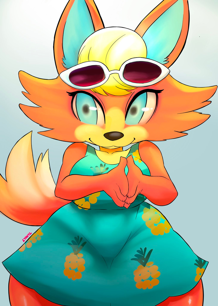 anthro clothed clothing dress eyewear female food_print fur orange_body orange_fur sunglasses wide_hips lyn_nyl animal_crossing nintendo audie_(animal_crossing) canid canine canis mammal wolf hi_res