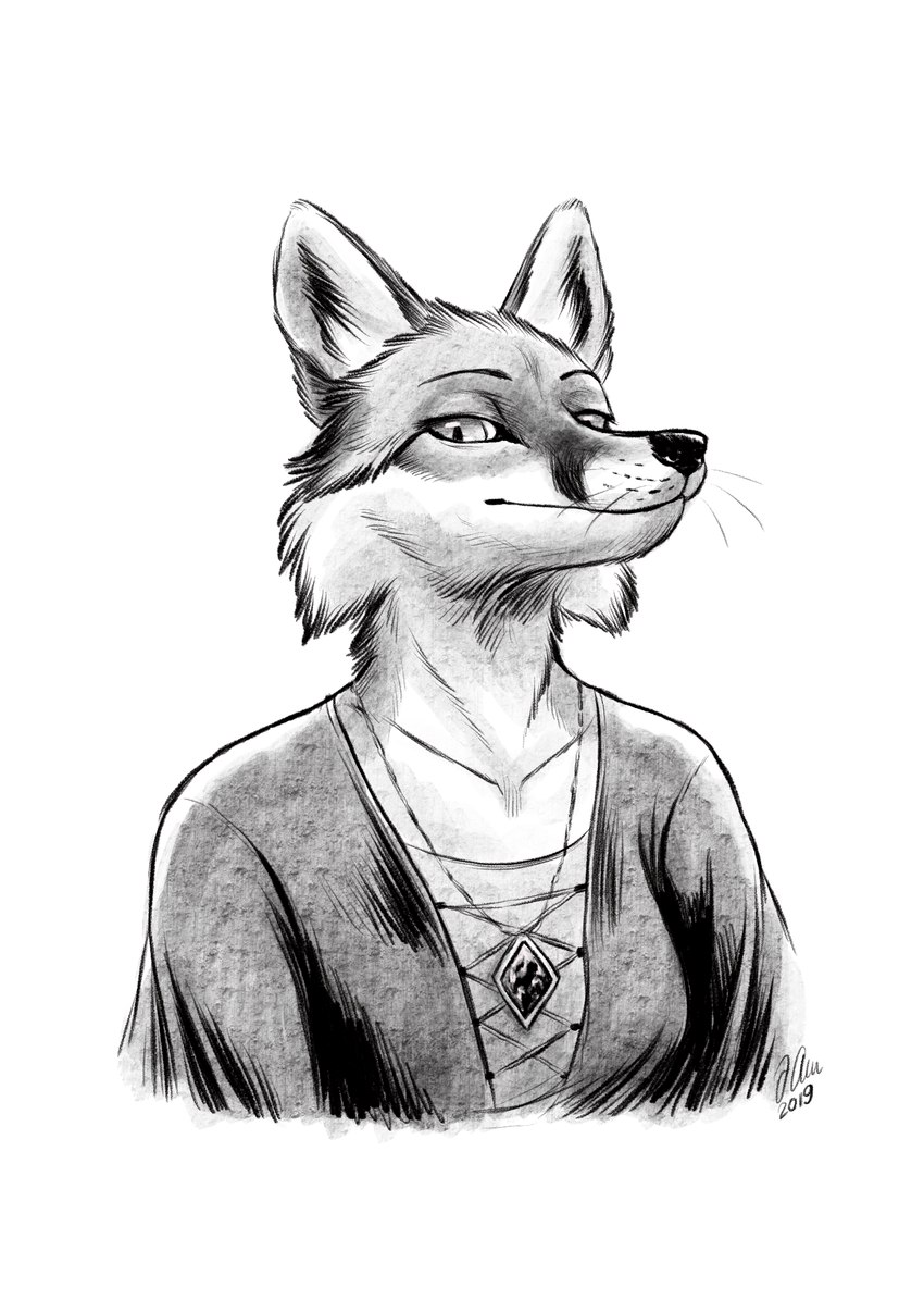 anthro emerald_(gem) female gem gown jewelry looking_at_viewer pendant serious smile solo kippycube tales_from_valmeridia silva_vernalis canid canine fox mammal absurd_res black_and_white half-length_portrait hi_res monochrome portrait sketch