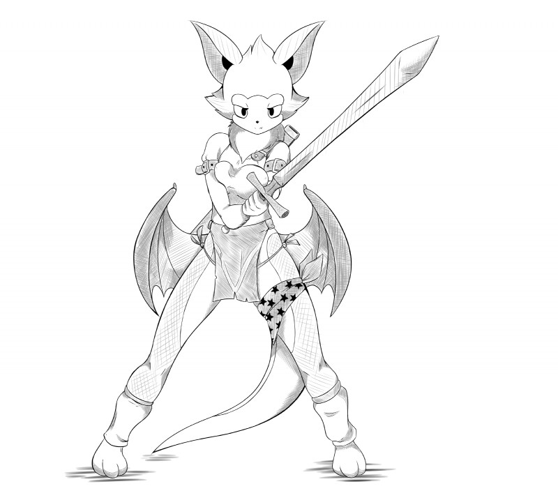 anthro bottomwear breasts clothing female leg_warmers legwear loincloth melee_weapon solo sword weapon wings young lumihanta lepa bat mammal absurd_res digital_media_(artwork) hi_res monochrome