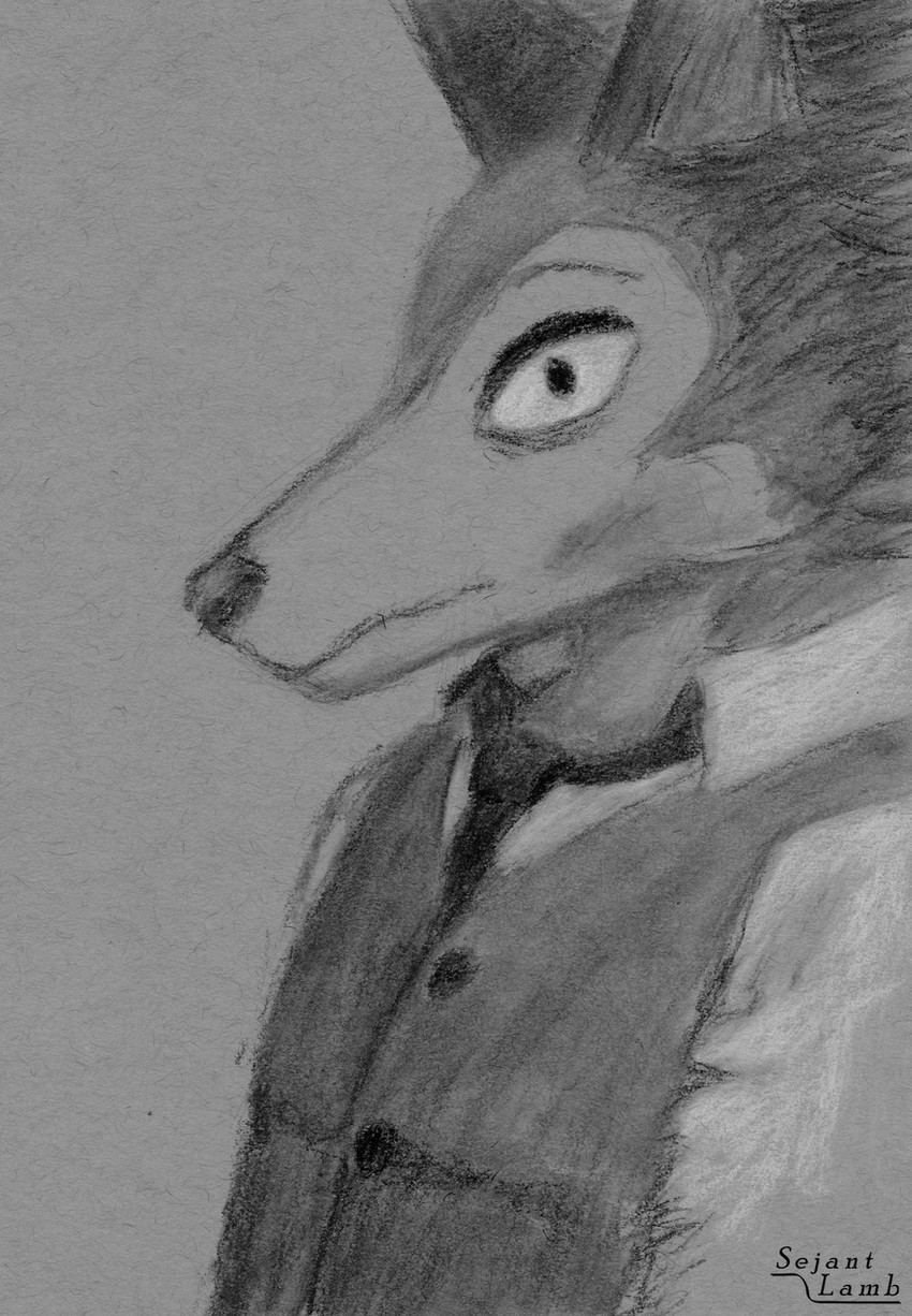 anthro black_eyes blush button_(fastener) close-up clothed clothing eyebrows looking_at_viewer male necktie raised_eyebrow shirt side_view snout solo topwear vest sejantlamb beastars legoshi_(beastars) canid canine canis mammal wolf 2019 charcoal_(artwork) greyscale half-length_portrait hi_res monochrome portrait traditional_media_(artwork)