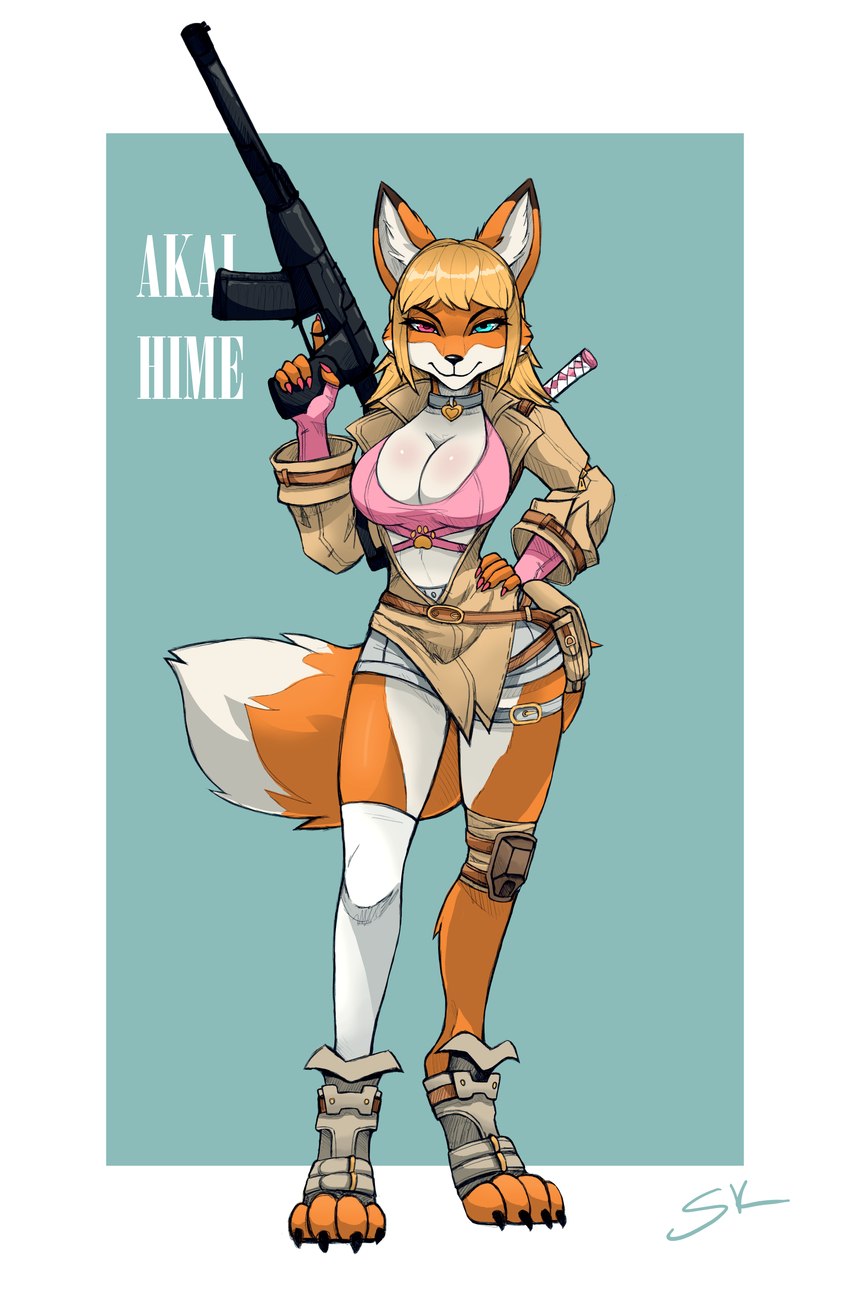 anthro as_val as_val_(weapon) big_breasts blonde_hair bottomwear breasts cleavage clothed clothing coat female gun hair heterochromia jacket looking_at_viewer ranged_weapon rifle silencer solo suppressed_weapon tail text topwear weapon naaraskettu combat_cat_studio wild_assault akai_hime_(wild_assault) canid canine canis fox mammal 2024 absurd_res digital_media_(artwork) hi_res